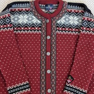 Skjaeveland Norwegian Wool Cardigan Sweater Unisex Women's L  Nordic Norway Red